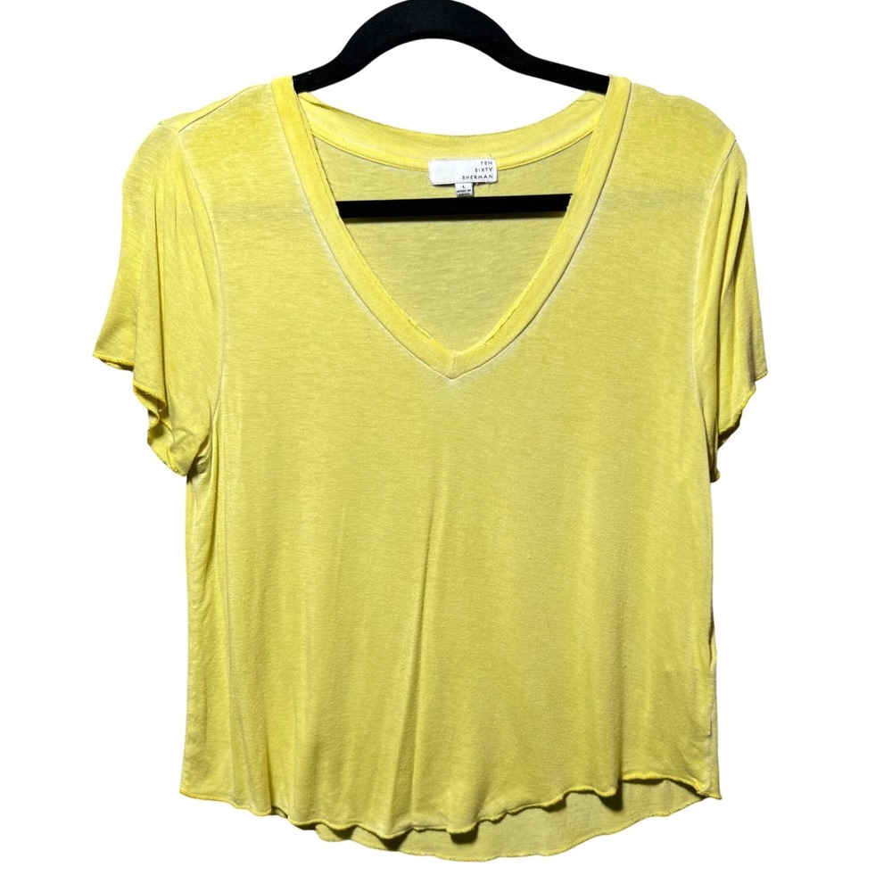 Ten Sixty Sherman Womens Yellow V-Neck Short Sleeve Raw Hem Tee Shirt Large